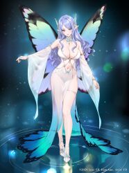 Rule 34 | 1girl, artist name, bare shoulders, blue eyes, blue hair, bracelet, breasts, butterfly wings, cleavage, closed mouth, commentary request, detached collar, dress, fingernails, full body, gradient clothes, hair ornament, highres, insect wings, jewelry, lips, lipstick, long dress, long hair, looking at viewer, makeup, medium breasts, nail polish, navel, original, panties, pointy ears, see-through, standing, stomach, thigh strap, thighs, underwear, wide sleeves, wings, yd (orange maru)