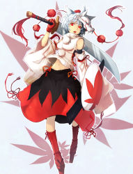 Rule 34 | 1girl, animal ears, bad id, bad pixiv id, bare shoulders, cibo (killy), detached sleeves, fang, geta, gloves, hat, hat ribbon, highres, inubashiri momiji, long sleeves, mask, midriff, mouth mask, navel, open mouth, over shoulder, red eyes, red gloves, ribbon, shield, shirt, silver hair, skirt, solo, sword, sword over shoulder, tokin hat, touhou, weapon, weapon over shoulder, wide sleeves, wolf ears, wolf mask