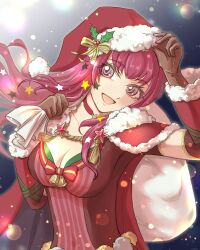 Rule 34 | 1girl, blue cape, bodysuit, breasts, brown gloves, cape, christmas, facial mark, fire emblem, fire emblem engage, fire emblem heroes, gloves, hair ornament, hat, highres, holding, holding sack, holly, holly hair ornament, large breasts, multicolored cape, multicolored clothes, nintendo, official alternate costume, red bodysuit, red cape, red eyes, red hair, sack, santa hat, solo, star (symbol), star facial mark, star hair ornament, star print, two-tone cape, ursla99, yunaka (fire emblem), yunaka (fire emblem) (spirited envoy)