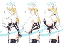 Rule 34 | 1girl, arms behind back, bare shoulders, black dress, black gloves, black thighhighs, blonde hair, blush, breast lift, breasts, closed mouth, dress, elbow gloves, from side, gloves, hair ornament, halo, huge breasts, interlocked fingers, jaggy lines, kuma (kumahoihoi), long hair, motion lines, no panties, os-tan, pasties, pelvic curtain, sagging breasts, simple background, skindentation, smile, spirit (vista), standing, straight hair, thick thighs, thighhighs, thighs, vista-tan, white background