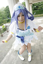 Rule 34 | 1girl, ankle boots, asian, blue eyes, blue hair, boots, bow, bracelet, breasts, choker, chouzuki maryou, cosplay, cure diamond (cosplay), dokidoki! precure, dress, headpiece, highres, jewelry, large breasts, leaning forward, long hair, magical girl, matching hair/eyes, photo (medium), plump, ponytail, precure, puffy short sleeves, puffy sleeves, ribbon, short sleeves, solo, tiara