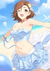 Rule 34 | 1girl, ;d, absurdres, armpits, asymmetrical bangs, balloon, bare shoulders, beach, blue skirt, blue tube top, blurry, blurry background, blush, breasts, brown hair, cleavage, collarbone, flower, hair flower, hair ornament, highres, idolmaster, idolmaster cinderella girls, layered skirt, looking at viewer, medium breasts, mizuki seira, navel, onao, one eye closed, open mouth, outdoors, outstretched arms, ribbon, skirt, smile, solo, stomach, strapless, tube top, wrist ribbon