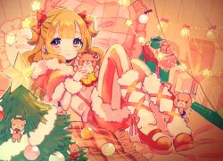 Rule 34 | 1girl, :3, blush, bow, capelet, christmas, christmas lights, christmas ornaments, christmas tree, cup, curtains, food, fur-trimmed capelet, fur-trimmed skirt, fur trim, hair bow, holding, holding stuffed toy, knees up, leg warmers, long hair, lying, macaron, mameyanagi, mary janes, mug, on back, orange hair, original, pantyhose, pillow, plate, purple eyes, shoes, skirt, smile, solo, string lights, striped clothes, striped pantyhose, stuffed animal, stuffed toy, suspender skirt, suspenders, teddy bear, two side up, vertical-striped clothes, vertical-striped pantyhose, wrist cuffs