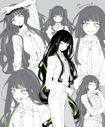 Rule 34 | 1girl, absurdres, alfonso (project moon), barcode, barcode tattoo, black hair, bntw22, closed mouth, coat, collared shirt, gloves, green eyes, green hair, highres, limbus company, long hair, multicolored hair, multiple views, necktie, one eye closed, open mouth, pants, partially colored, project moon, shirt, smile, streaked hair, tattoo, translation request, very long hair