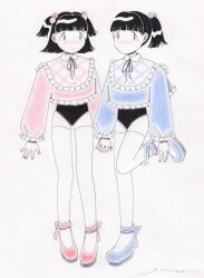 Rule 34 | 2girls, black eyes, black hair, blunt bangs, blunt ends, closed mouth, colored pencil (medium), cropped sweater, expressionless, frilled sleeves, frills, hair ornament, highres, holding hands, knee up, layered clothes, long sleeves, looking at viewer, multiple girls, original, ponytail, puffy long sleeves, puffy sleeves, ribbon, short ponytail, signature, simple background, spot color, standing, standing on one leg, tareme, thighhighs, traditional media, two side up, white background, yn a 7