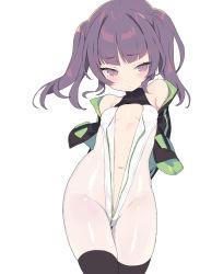 Rule 34 | 1girl, bare shoulders, blade (galaxist), blush, breasts, closed mouth, cowboy shot, embarrassed, green jacket, highleg, highleg leotard, highres, jacket, jacket partially removed, leotard, looking at viewer, navel, open leotard, original, petite, purple hair, simple background, small breasts, solo, twintails, white background, white leotard
