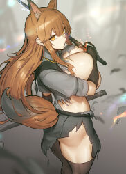 Rule 34 | 1girl, alternate breast size, animal ear fluff, animal ears, arknights, black gloves, black skirt, black thighhighs, blurry, blurry background, breasts, brown hair, closed mouth, commentary request, covering breasts, covering privates, elbow gloves, extra ears, fox ears, fox girl, fox tail, franka (arknights), from side, gloves, grey shirt, hair between eyes, half updo, highres, holding, holding sword, holding weapon, huge breasts, long hair, looking at viewer, melon22, scabbard, sheath, shirt, skindentation, skirt, solo, sword, tail, thighhighs, thighs, torn clothes, torn shirt, torn skirt, weapon, yellow eyes
