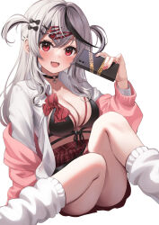 Rule 34 | 1girl, absurdres, breasts, cleavage, fang, grey hair, highres, hololive, holox, looking at viewer, medium breasts, multicolored hair, nikahoshikuzu, open mouth, phone, red eyes, sakamata chloe, solo, streaked hair, virtual youtuber