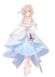 Rule 34 | alternate costume, blonde hair, blush, breasts, detached sleeves, dress, flower hair ornament, full body, genshin impact, hair ornament, highres, licornia, lumine (genshin impact), medium breasts, shoes, skirt, smile, source request, sword, twintails, vestariares, weapon, wedding dress, white background, white dress, yellow eyes