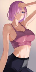 Rule 34 | 1girl, absurdres, bare shoulders, black pants, breasts, cleavage, collarbone, fate/grand order, fate (series), hair over one eye, high-waist pants, highres, large breasts, light purple hair, looking at viewer, mash kyrielight, navel, pants, parted lips, purple eyes, purple sports bra, rororo, short hair, solo, sports bra, sweat, tight clothes, tight pants, yoga pants