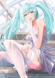 Rule 34 | 1girl, absurdres, alternate costume, aqua nails, ass, back bow, bare arms, blue eyes, blue hair, blurry, blurry background, bow, breasts, bridal gauntlets, day, dress, earrings, embroidery, feet out of frame, fingernails, floating hair, garter straps, hair between eyes, hair ribbon, hand on own leg, hand to own mouth, hand up, hatsune miku, highres, hxk4 n, industrial pipe, jewelry, lace, lace-trimmed bridal gauntlets, lace-trimmed legwear, lace trim, legs, long hair, looking at viewer, medium breasts, nail polish, number tattoo, parted lips, pleated dress, railing, ribbon, short dress, shoulder tattoo, sitting, sleeveless, sleeveless dress, solo, spaghetti strap, spread legs, stairs, stud earrings, sunlight, tattoo, teeth, thighhighs, twintails, upper teeth only, very long hair, vocaloid, white bow, white dress, white ribbon, white thighhighs