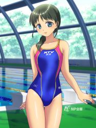 Rule 34 | 1girl, artist request, blue one-piece swimsuit, character request, collarbone, competition swimsuit, copyright request, green hair, highleg, highleg swimsuit, kansai television, logo, mizuno (brand), one-piece swimsuit, pool, poolside, swimsuit