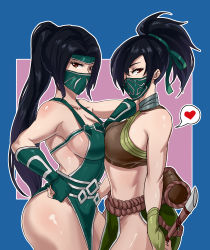Rule 34 | 2girls, absurdres, akali, akali (legacy), arm on another&#039;s shoulder, arm rest, b.sa (bbbs), bare shoulders, bbbs, black hair, blue background, blue border, border, breast press, breasts, brown eyes, cleavage, crop top, dual persona, fingerless gloves, forehead protector, from side, gloves, green gloves, green mask, green ribbon, groin, hair over one eye, hair ribbon, heart, highres, holding, holding weapon, kama (weapon), league of legends, long hair, looking at viewer, looking to the side, mask, medium breasts, midriff, mouth mask, multiple girls, ninja, ninja mask, no panties, pelvic curtain, ponytail, ribbon, rope belt, scroll tube, shiny skin, short ponytail, sickle, side slit, sidelocks, spoken heart, symmetrical docking, weapon
