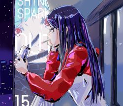 Rule 34 | 1girl, alcohol, balcony, beer, beer can, black hair, black jacket, blazer, can, chika, cigarette, city, drink can, from side, jacket, jill stingray, long hair, night, night sky, red eyes, resting head on hand, sign, sky, sliding doors, smoking, twintails, va-11 hall-a