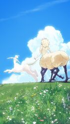 Rule 34 | 2boys, absurdres, androgynous, blonde hair, blue sky, body fur, chinese commentary, cloud, colored skin, commentary request, day, dragon tail, field, flower, from behind, grass, highres, lantern madoyoi, male focus, meadow, medium hair, monster boy, multiple boys, multiple legs, open mouth, original, outdoors, outstretched arms, pawpads, running, sheep tail, short hair, sky, spread arms, tail, taur, walking, white flower, white fur, white skin