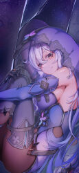 Rule 34 | 1girl, absurdres, bare shoulders, black gloves, black swan (honkai: star rail), breasts, commentary request, dress, elbow gloves, fall4592, gloves, highres, honkai: star rail, honkai (series), jewelry, knee up, long hair, looking at viewer, medium breasts, purple dress, purple hair, ring, sitting, sleeveless, sleeveless dress, smile, solo, thighs, veil, yellow eyes