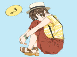 1girl blue_background boater_hat bracelet breast_press breasts brown_eyes brown_footwear brown_hair brown_pants dr._gero_(staedtler_0508) feet full_body hat highres hugging_own_legs idolmaster idolmaster_cinderella_girls jewelry knees_up large_breasts looking_at_viewer musical_note oikawa_shizuku pants sandals shirt shirt_tucked_in short_hair short_sleeves simple_background sitting smile solo spoken_musical_note striped_clothes striped_shirt suspenders toenails toes yellow_shirt