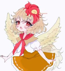 Rule 34 | 1girl, animal, animal on head, bird, bird on head, bird tail, bird wings, blonde hair, blush, chick, dress, feathered wings, hair between eyes, highres, multicolored hair, niwatari kutaka, on head, one-hour drawing challenge, open mouth, orange dress, red eyes, red hair, renakobonb, shirt, short hair, short sleeves, simple background, solo, tail, touhou, twitter username, two-tone hair, white background, white shirt, wings, yellow wings