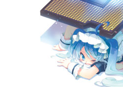 Rule 34 | 1girl, ahoge, computer chip, long hair, looking at viewer, maid, mitaringo, one eye closed, open mouth, original, solo, tears, twintails, wrist cuffs