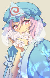 Rule 34 | 1girl, animal print, blue hat, blue kimono, blush, brown background, butterfly print, cherry blossoms, commentary request, flower, frilled kimono, frilled sleeves, frills, hair between eyes, hat, highres, holding, holding flower, japanese clothes, kimono, long sleeves, looking at viewer, mob cap, nayozane (worker7), open mouth, pink eyes, pink flower, pink hair, print kimono, saigyouji yuyuko, short hair, simple background, smile, solo, touhou, triangular headpiece, upper body, wavy hair, wide sleeves