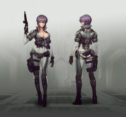 Rule 34 | 1girl, ammunition, ankle boots, belt, bob cut, bodysuit, boots, breasts, character sheet, cleavage, crop top, cropped jacket, cyborg, fingerless gloves, full body, ghost in the shell, ghost in the shell stand alone complex, ghost in the shell stand alone complex first assault, gloves, gun, holster, kusanagi motoko, large breasts, light purple hair, multiple views, neon trim, open collar, pouch, purple hair, red eyes, short hair, thigh strap, turnaround, unzipped, weapon, wedge heels