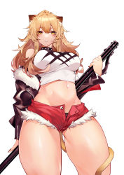 Rule 34 | 1girl, absurdres, animal ears, arknights, black choker, black jacket, black panties, blonde hair, brown hair, chinese commentary, choker, commentary request, cowboy shot, food, from below, fur-trimmed jacket, fur trim, highres, holding, holding weapon, jacket, lion, lion ears, lion tail, long hair, looking at viewer, midriff, navel, off shoulder, open clothes, open fly, open jacket, panties, parted lips, red shorts, short shorts, shorts, siege (arknights), solo, standing, studded choker, tail, tank top, tsumiki (12756023), underwear, weapon, white tank top