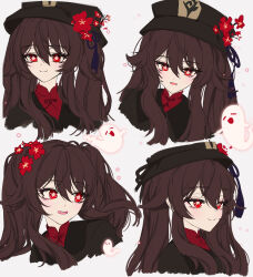 Rule 34 | 1girl, absurdres, black coat, black headwear, blush, boo tao (genshin impact), bright pupils, brown hair, closed mouth, coat, dna jhin21, expressions, flower, flower-shaped pupils, genshin impact, ghost, hair between eyes, hat, hat flower, hat tassel, highres, hu tao (genshin impact), long hair, looking at viewer, looking to the side, mandarin collar, parted lips, red eyes, simple background, symbol-shaped pupils, teeth, twintails, upper teeth only, white pupils