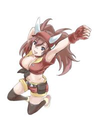 Rule 34 | 1girl, belt, breasts, cosplay, dinosaur king, female focus, horns, simple background, smile, solo, white background