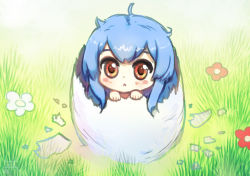 Rule 34 | blue hair, blush, child, commentary, cubehero, dizzy (guilty gear), egg, flower, guilty gear, hatching, red eyes