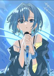 Rule 34 | 1girl, blue eyes, blue hair, commission, earrings, hasu, jewelry, microphone, off-shoulder jacket, off shoulder, original, parted lips, solo