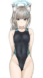 1girl :o animal_ear_fluff animal_ears arms_behind_back blue_archive cameltoe collarbone competition_swimsuit covered_erect_nipples covered_navel cowboy_shot gatsby_ssl grey_hair halo highleg highleg_one-piece_swimsuit highres looking_at_viewer one-piece_swimsuit shiroko_(blue_archive) shiroko_(swimsuit)_(blue_archive) side_ponytail simple_background skin_tight solo swimsuit white_background