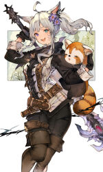 Rule 34 | 1girl, ahoge, black gloves, blue eyes, brown footwear, commentary, commission, facial mark, fangs, final fantasy, final fantasy xiv, flower, gloves, hair flower, hair ornament, heterochromia, highres, holding, holding sword, holding weapon, kemomin nosuke, long sleeves, looking at viewer, miqo&#039;te, mole, mole under eye, open mouth, purple eyes, purple flower, red panda, sidelocks, skeb commission, solo, sword, sword behind back, warrior of light (ff14), weapon, weapon behind back, whisker markings, white hair