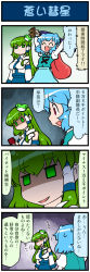 Rule 34 | 2girls, 4koma, arms up, artist self-insert, comic, crazy smile, detached sleeves, empty eyes, closed eyes, frog hair ornament, green eyes, green hair, hair ornament, highres, juliet sleeves, kochiya sanae, long sleeves, mizuki hitoshi, multiple girls, open mouth, puffy sleeves, real life insert, shaded face, shirt, skirt, smile, snake hair ornament, sweat, tatara kogasa, touhou, translation request, vest