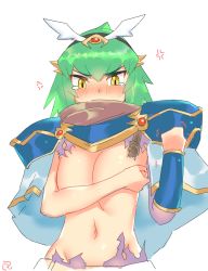 Rule 34 | 1girl, angry, armor, bellnoa (choukadou girl 1/6), blush, breasts, choukadou girl 1/6, covering privates, covering breasts, gauntlets, green hair, headband, highres, looking at viewer, medium breasts, shoulder armor, solo, tears, torn clothes, upper body, yellow eyes