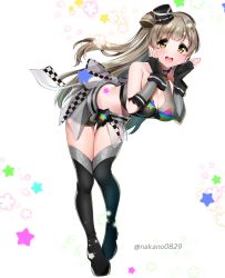 Rule 34 | 1girl, :d, black footwear, black gloves, black hat, black thighhighs, blush, boots, brown hair, fingerless gloves, full body, gloves, hat, highres, long hair, looking at viewer, love live!, love live! school idol project, minami kotori, mini hat, nakano maru, open mouth, smile, solo, star (symbol), teeth, thigh boots, thighhighs, twitter username, upper teeth only, yellow eyes