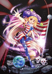 Rule 34 | 1girl, american flag, american flag dress, american flag legwear, bad id, bad pixiv id, blonde hair, blush, clownpiece, commentary request, dress, earth (planet), fairy wings, fang, flag, full body, hat, jester cap, leg up, long hair, looking at viewer, neck ruff, open mouth, outstretched arm, pantyhose, planet, polka dot, short dress, short sleeves, skull, smile, solo, space, standing, standing on one leg, star (sky), star (symbol), star print, striped clothes, striped pantyhose, touhou, very long hair, wings, z.o.b
