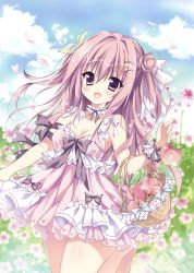 Rule 34 | 1girl, absurdres, basket, blush, bow, breasts, brown eyes, brown hair, cherry blossoms, cleavage, cloud, collarbone, day, dress, flower, food, frilled dress, frills, fruit, green bow, green ribbon, hair bow, hair ornament, hair ribbon, hairclip, herurun, highres, leaf, leg up, long hair, looking at viewer, medium breasts, neck garter, non-web source, open mouth, original, peach, pink eyes, purple bow, ribbon, scan, solo, star (symbol), star hair ornament, striped clothes, striped dress, too many, too many frills, white bow, white ribbon, wrist cuffs