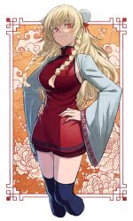Rule 34 | 1girl, black thighhighs, blonde hair, blush, braid, breasts, bun cover, chinese clothes, commentary request, double bun, dress, fingernails, hair bun, hands on own hips, highres, large breasts, long fingernails, long hair, looking at viewer, ogi non, original, red dress, red eyes, red nails, short dress, side braids, smile, solo, thighhighs, wide sleeves
