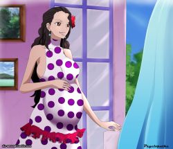 Rule 34 | 1girl, black hair, breasts, dress, earrings, female focus, highres, jewelry, light smile, long hair, looking outside, one piece, pregnant, psyclopathe, sideboob, solo, standing, text focus, tight clothes, tight dress, viola (one piece)