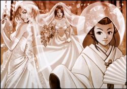 Rule 34 | 3girls, bare shoulders, bouquet, breasts, bridal veil, bride, choker, cleavage, collarbone, cup, detached sleeves, dress, drinking glass, elbow gloves, fatal fury, female focus, flower, folding fan, gloves, hand fan, holding, holding bouquet, japanese clothes, jewelry, kimono, king (snk), large breasts, looking at viewer, monochrome, multiple girls, necklace, official art, one eye closed, shiranui mai, short hair, sleeveless, sleeveless dress, smile, snk, strapless, strapless dress, the king of fighters, todoh kasumi, uchikake, veil, wedding dress, wine glass, wink