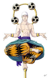 Rule 34 | 1boy, abs, anklet, balancing, bandana, bangle, barefoot, blonde hair, bracelet, closed eyes, earrings, enel, highres, jewelry, long earlobes, male focus, mitsudomoe (shape), muscular, one piece, pole, sash, simple background, skypiea, solo, toe ring, toes, tomoe (symbol), topless male, white background