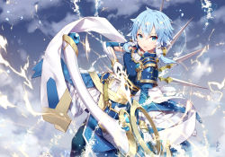Rule 34 | 1girl, alternate costume, alternate weapon, armor, black pantyhose, blue armor, blue dress, blue eyes, blue hair, bow (weapon), commentary request, dress, gabiran, gloves, hair between eyes, hair ornament, holding, holding bow (weapon), holding weapon, lightning, looking at viewer, magic, pantyhose, short hair, short hair with long locks, sinon, sinon (solus), solo, sword art online, sword art online: alicization, sword art online: alicization - war of underworld, tagme, weapon, white gloves
