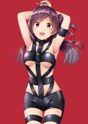 Rule 34 | ahoge, arm strap, armpits, arms up, blush, bound, covered navel, cowboy shot, gloves, hagikaze (kancolle), highres, hot limit, kamelie, kantai collection, long hair, one side up, open mouth, purple eyes, purple hair, red background, revealing clothes, sidelocks, simple background, smile, solo