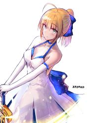 Rule 34 | 1girl, ahoge, artist name, artoria pendragon (all), artoria pendragon (fate), back bow, bad id, bad pixiv id, blonde hair, blue bow, blunt bangs, bow, breasts, cleavage, collarbone, dress, elbow gloves, excalibur (fate/stay night), fate/stay night, fate (series), gloves, green eyes, hair between eyes, hair bow, halterneck, hands on hilt, highres, kayakooooo, long dress, long hair, official alternate costume, official alternate hairstyle, ponytail, saber (fate), saber (pure night dress) (fate), sidelocks, sketch, sleeveless, sleeveless dress, solo, standing, white dress, white gloves