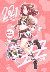 Rule 34 | 2021, 2girls, animal costume, animal ears, animal print, artist name, text background, bell, belt, black footwear, blush, boots, brown belt, brown hair, brown jacket, chibi, chinese zodiac, commentary request, cow costume, cow ears, cow horns, cow print, cow tail, cropped jacket, dated, fake animal ears, fake horns, fake tail, fang, fringe trim, frown, furafura, horns, jacket, leg up, looking at viewer, medium hair, midriff, miniskirt, multiple girls, navel, neck bell, open mouth, parted bangs, pink background, pointy ears, print footwear, print shirt, print skirt, red eyes, shirt, signature, silver hair, skirt, sleeveless, sleeveless jacket, standing, standing on one leg, tail, tsukihime, white len (tsukihime), white shirt, white skirt, wrist cuffs, year of the ox, yumizuka satsuki