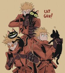 Rule 34 | 1boy, absurdres, aiming, animal, black gloves, blonde hair, blue eyes, cat, coat, commentary, cowboy shot, earrings, english commentary, florbetriz, frown, glasses, gloves, highres, holding, holding animal, jewelry, kuroneko (trigun), long sleeves, male focus, mole, mole under eye, orange-tinted eyewear, red coat, round eyewear, scratches, short hair, simple background, single earring, spiked hair, standing, sweatdrop, tinted eyewear, trigun, v-shaped eyebrows, vash the stampede, yellow background