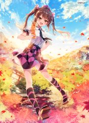 Rule 34 | 1girl, autumn leaves, backlighting, black necktie, black socks, blush, brown eyes, brown hair, checkered clothes, checkered skirt, collared shirt, copyright name, copyright notice, day, geta, hair between eyes, hand on own hip, hat, highres, himekaidou hatate, holding, holding phone, kneehighs, leaf, long hair, maple leaf, necktie, open mouth, phone, purple hat, shirt, shnva, skirt, smile, socks, solo, tokin hat, torii, touhou, twintails, white shirt