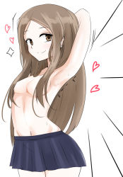 Rule 34 | 10s, 1girl, absurdres, armpits, arms behind head, arms up, blush, breasts, brown eyes, brown hair, convenient censoring, emphasis lines, free chess, hair censor, hair over breasts, heart, highres, karakai jouzu no takagi-san, long hair, looking at viewer, motion lines, naked skirt, navel, simple background, skirt, small breasts, smile, solo, standing, sweat, takagi-san, topless, trembling, white background