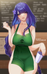 Rule 34 | 1girl, apron, barista, blunt bangs, blurry, blurry background, bottomless, braid, breasts, cafe, commentary, covered navel, cup, curvy, english commentary, genshin impact, green apron, hair ornament, highres, holding, holding cup, holding pen, iced latte with breast milk (meme), large breasts, long hair, looking at viewer, low-braided long hair, low-tied long hair, meme, menu board, mole, mole under eye, nail polish, naked apron, parted lips, pen, purple eyes, purple hair, purple nails, raiden shogun, solo, thighs, tofuubear, topless, very long hair, wide hips