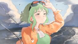Rule 34 | 1girl, absurdres, ascot, blue sky, blush, brooch, cloud, day, goggles, goggles on head, green eyes, green hair, green shirt, gumi, half-closed eyes, highres, holding, holding goggles, jacket, jewelry, light frown, looking ahead, nose bubble, ocean, open clothes, open jacket, orange jacket, outdoors, portrait, red-tinted eyewear, shirt, short hair, sky, sleeves past elbows, sodemizu, solo, tearing up, tinted eyewear, vocaloid, water drop, white ascot